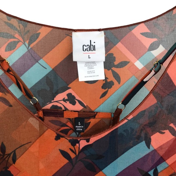 CAbi Lattice Top Womens Size L Browm Multi Floral Plaid V-Neck Cap Sleeve 3773 - Picture 2 of 9